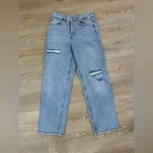 H&M High Waisted Jeans Blue Lightly Distressed Women Denim Wide Straight Leg Sz8